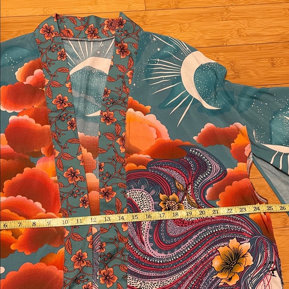 Teal Stargazer Kimono Short Robe Lightweight Cover Up Festival Beach Layer Boho - Picture 12 of 16